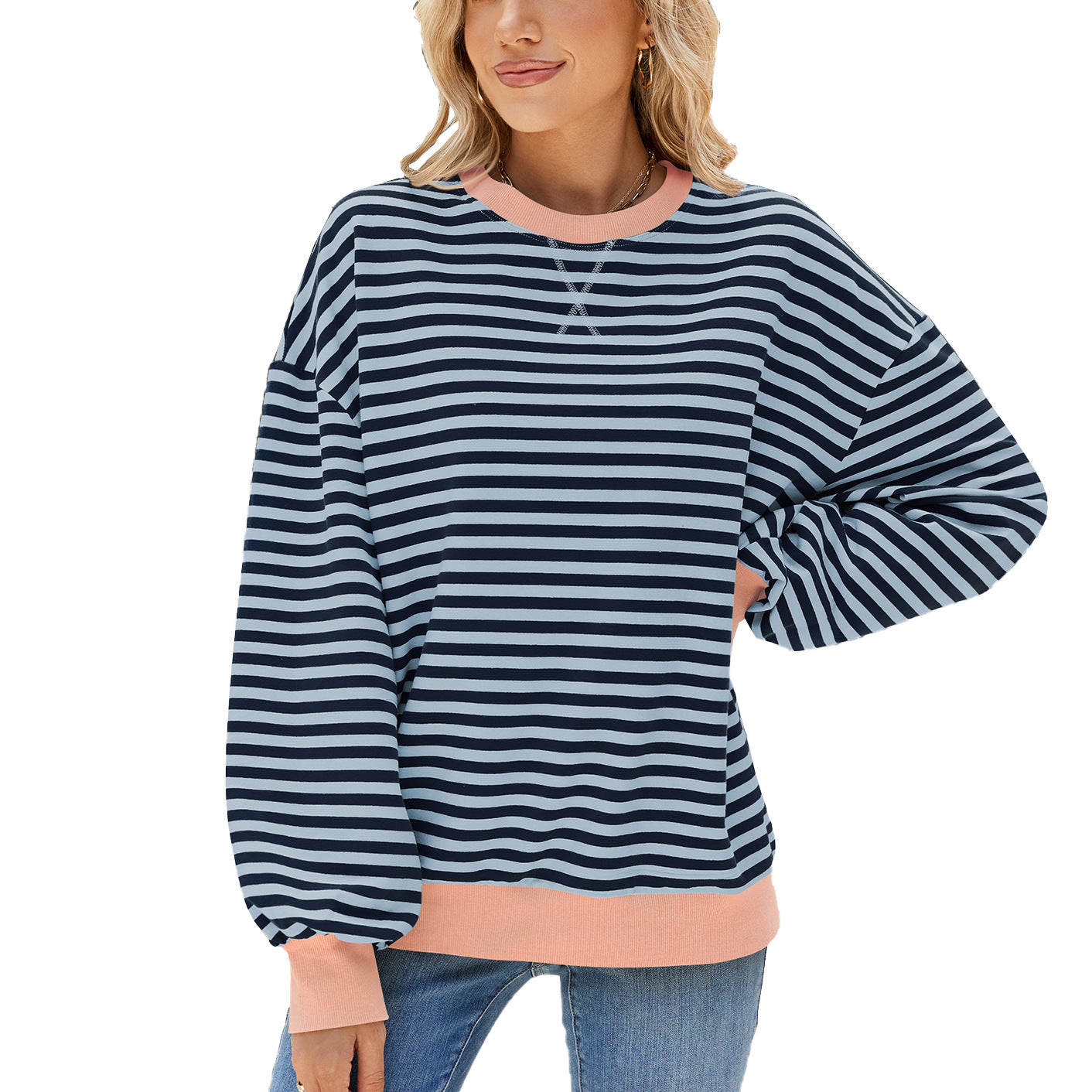 Women's Stripes Round Neck Contrast Color Loose Long Sleeve Sweatershirt