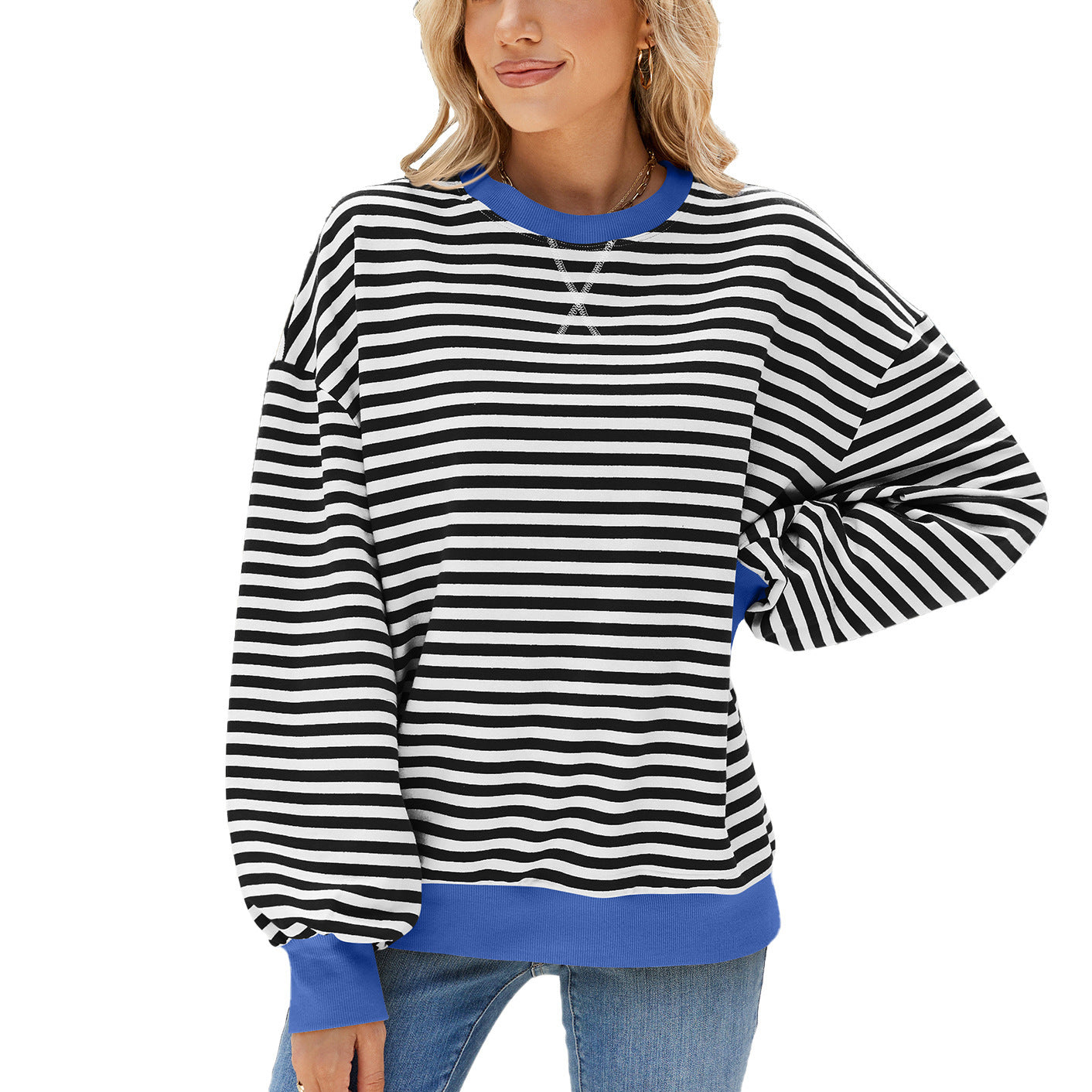 Women's Stripes Round Neck Contrast Color Loose Long Sleeve Sweatershirt