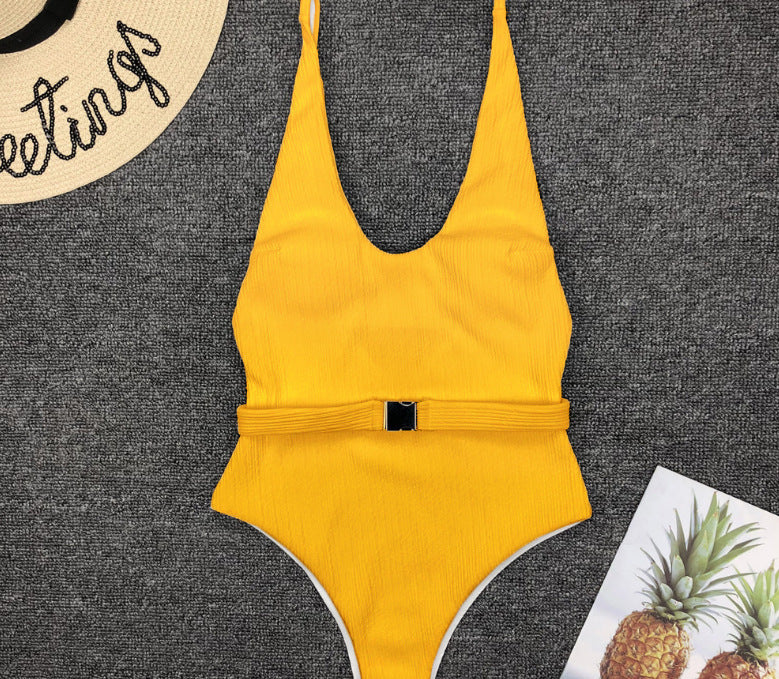 Women'S One-Piece Swimsuit European And American Solid Color Special Fabric Belt Buckle One-Piece Bikini