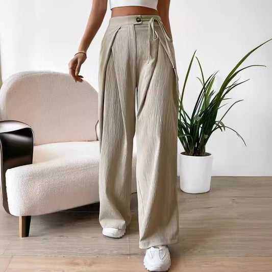 Women's High Waist Drawstring Patchwork Wide-leg Pants Casual Straight Pants