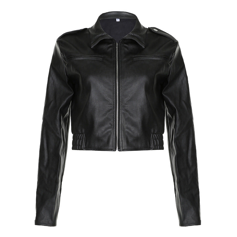 Women's Retro Hong Kong Style Lapel Long-sleeved Leather Jacket