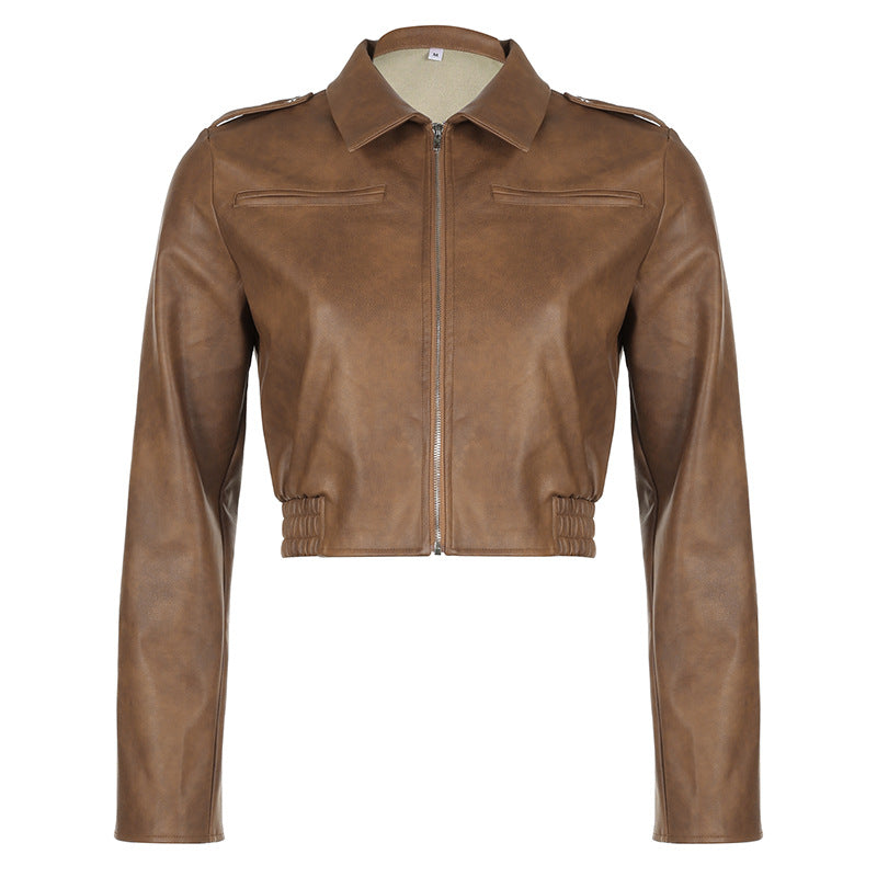 Women's Retro Hong Kong Style Lapel Long-sleeved Leather Jacket