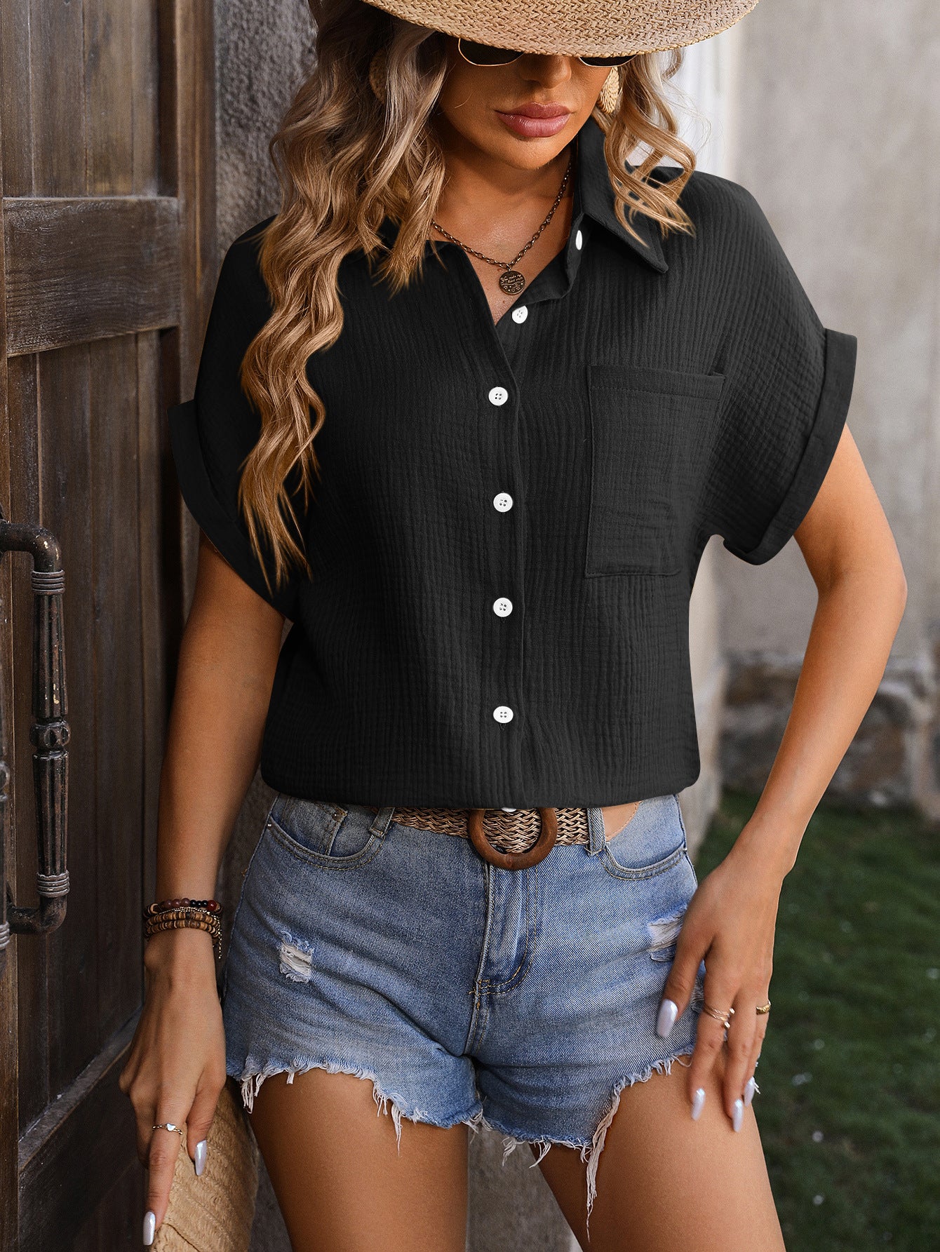 Women's Loose Short Sleeve Pocket Casual Champray Shirt