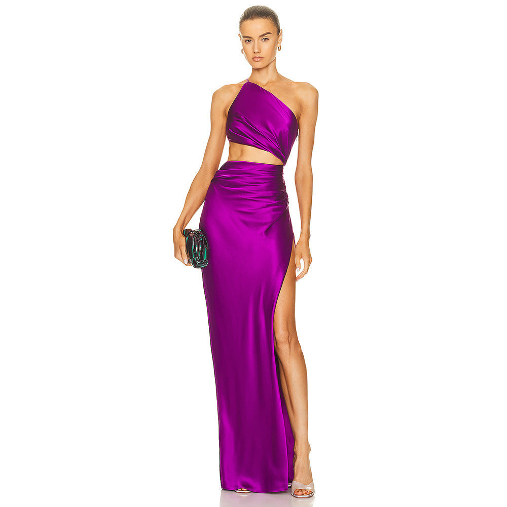 Women's Slant Shoulder Hollow Pleated High Slit Long Dress