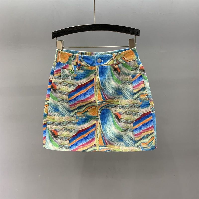 Women's High Waisted A-line Printed Denim Skirt