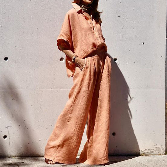 Women's Fashion Solid Color Loose Cotton And Linen Tops Pants Suit