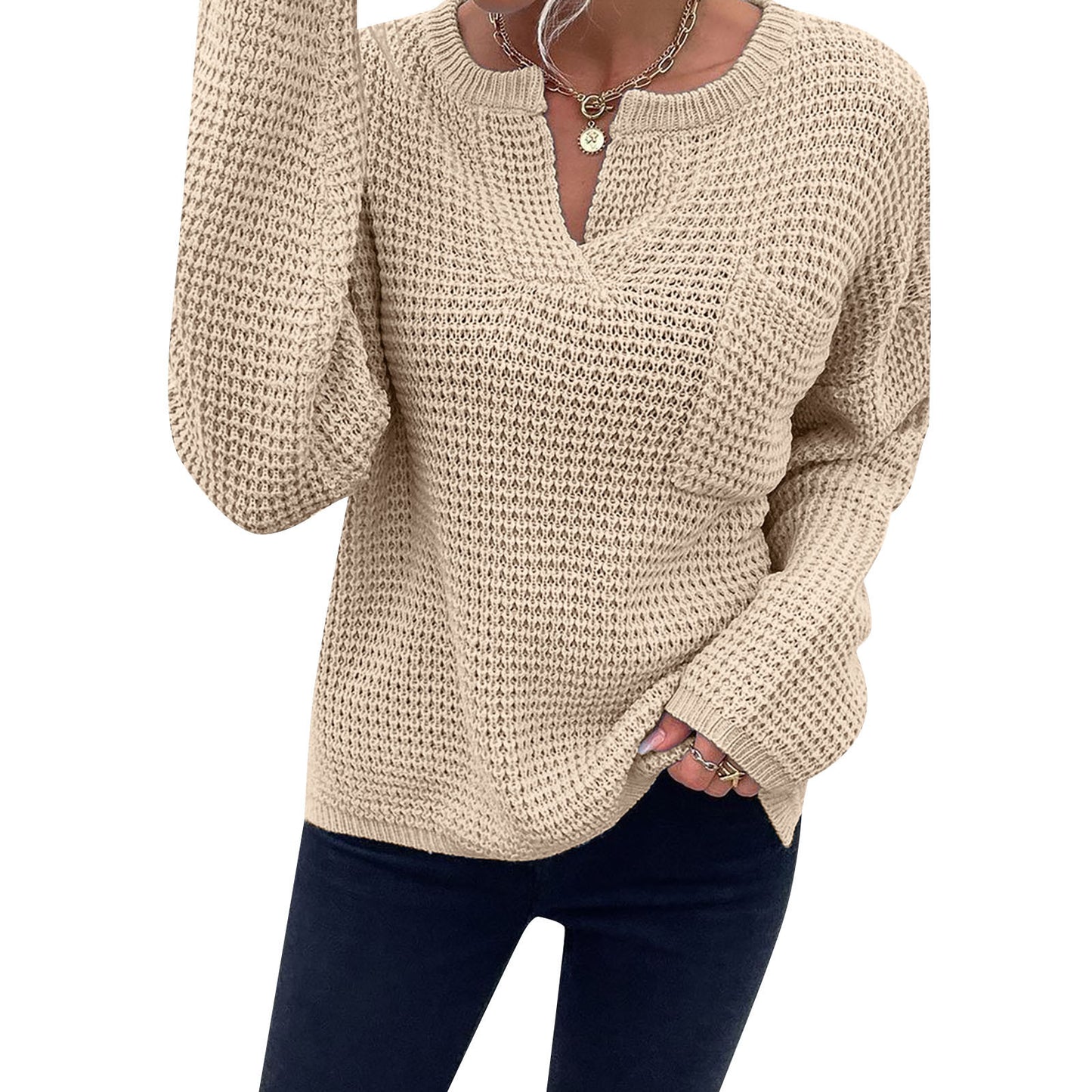 Women's Top Knitted Pullover Long Sleeve V-neck Pocket Solid Color Sweater