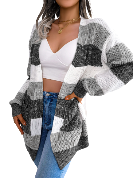 Casual Plaid Lantern Sleeve Cardigan