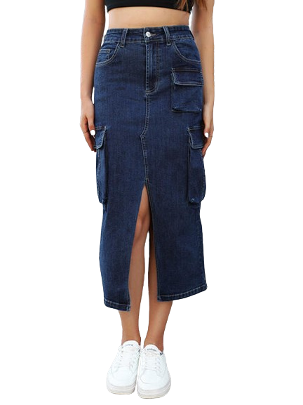 Slit Denim Skirt with Pockets