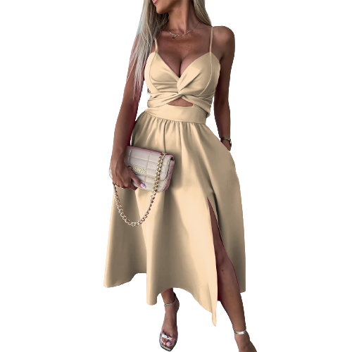 Hollowed-Out Camisole Gown Dress with a Flared Skirt