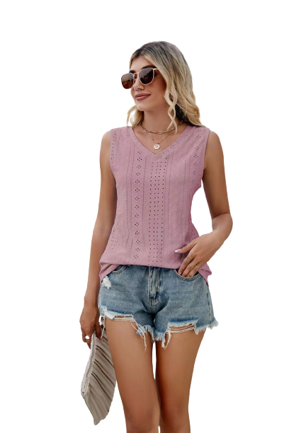 V-Neck Sleeveless Top with Hollow-Out Detail