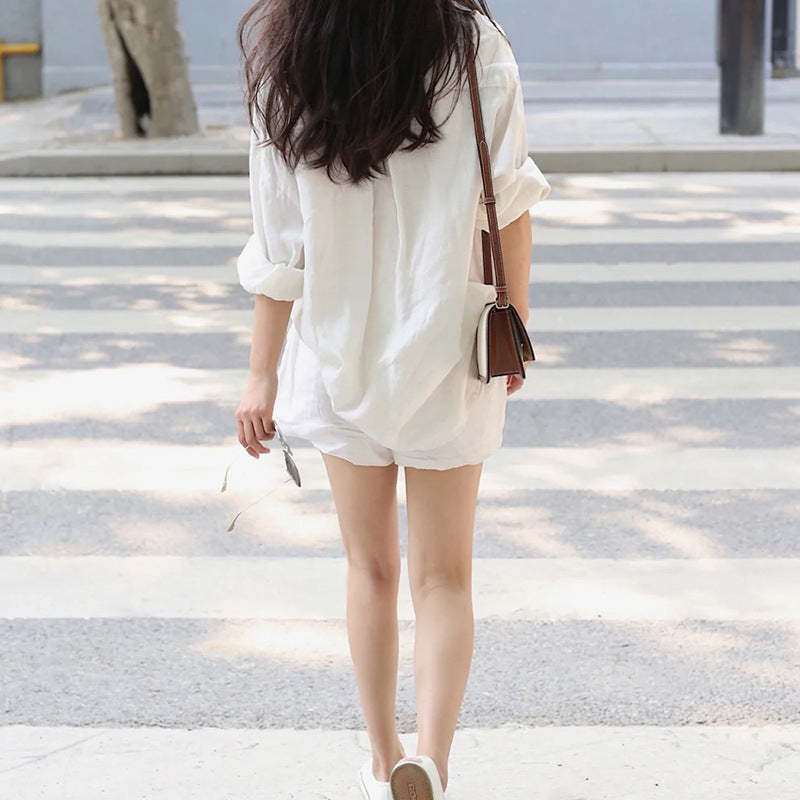 Women's Linen Shirt Shorts Suit Loose