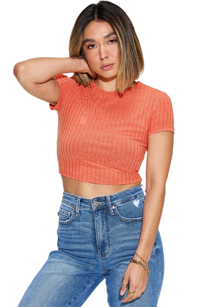 Ribbed Round Neck Short Sleeve T-Shirt