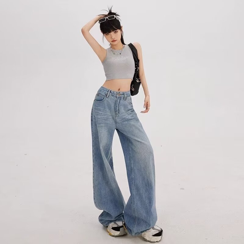 Women's Retro Loose Wide-leg Jeans Straight-leg Pants