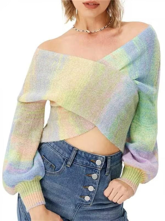 Women's Colorful Long-sleeved Sweater Short Top