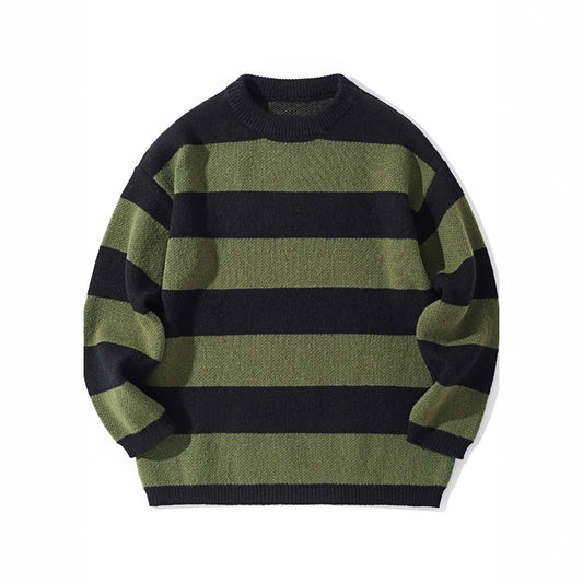 Contrast Color Striped Autumn And Winter Loose Round Neck Pullover All-matching Men's Sweater