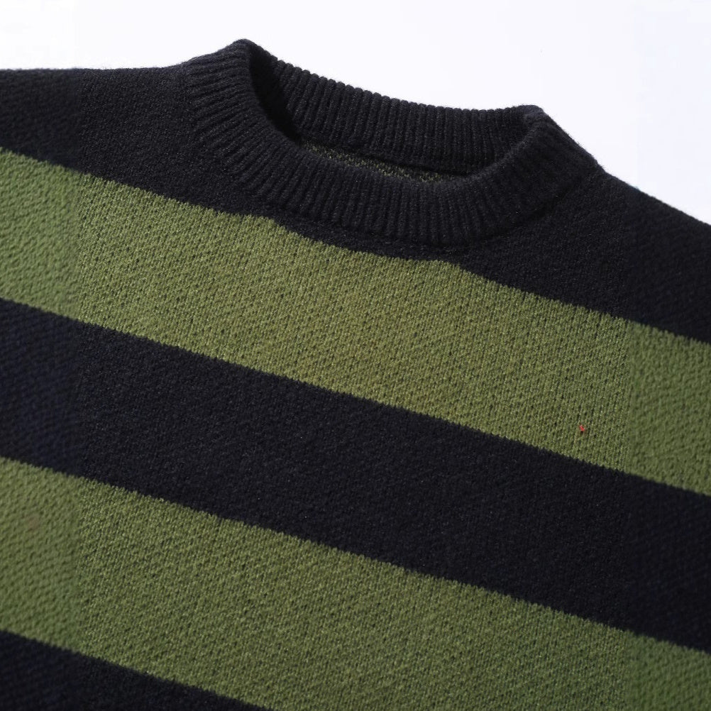 Contrast Color Striped Autumn And Winter Loose Round Neck Pullover All-matching Men's Sweater