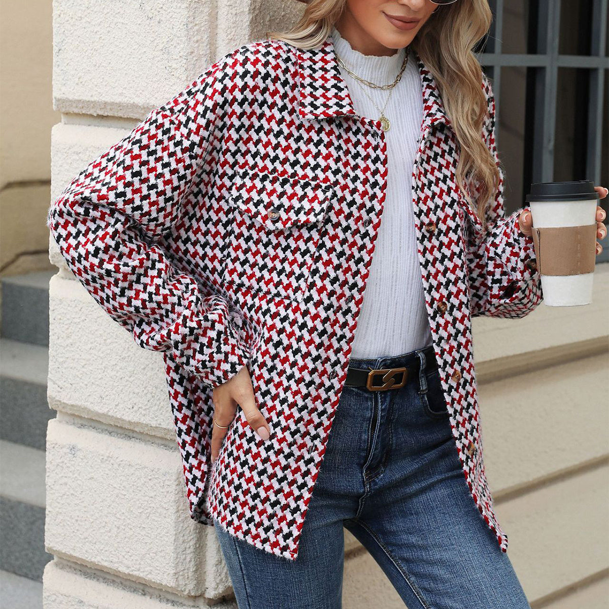 Fashion Houndstooth Lapel Tweed Coat Casual Loose Long Sleeve Jacket With Pocket Outwear Tops For Womens Clothing