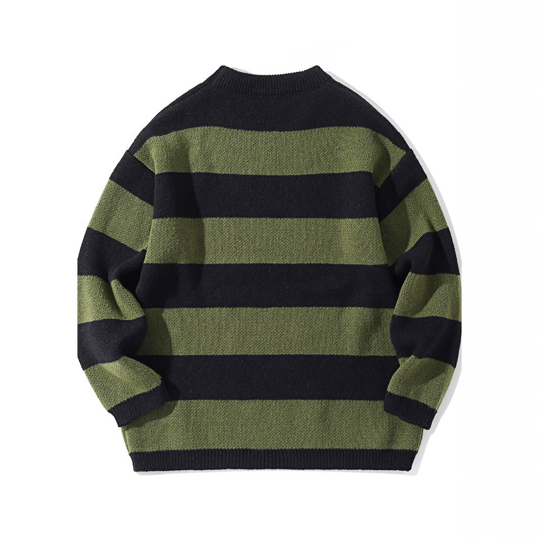 Contrast Color Striped Autumn And Winter Loose Round Neck Pullover All-matching Men's Sweater