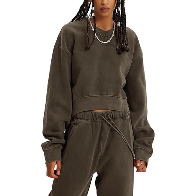 Women's V-neck Long-sleeved Midriff Outfit Sweatshirt Lace-up Sports Trousers