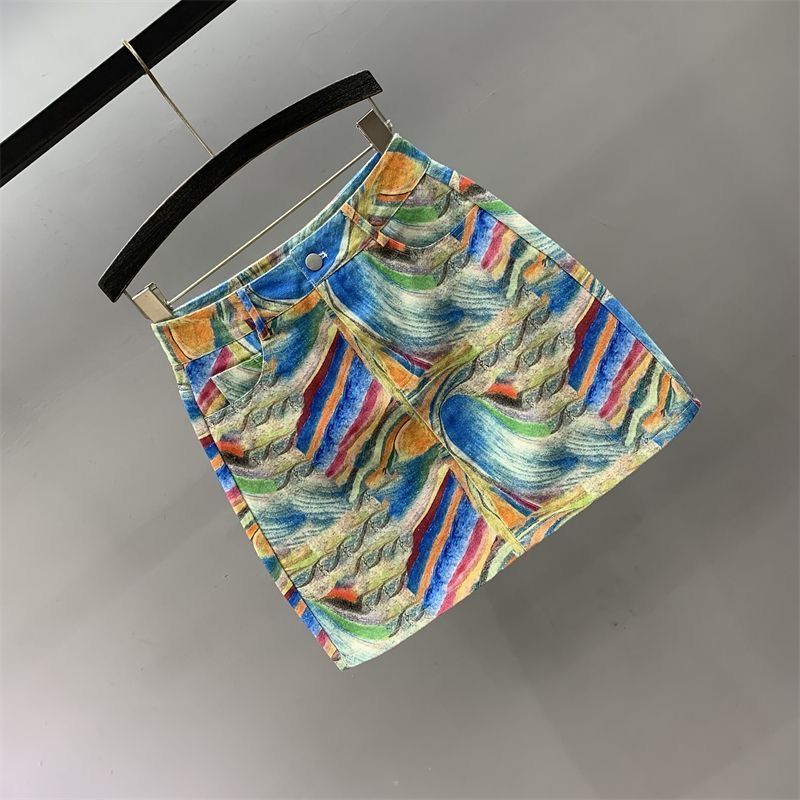 Women's High Waisted A-line Printed Denim Skirt