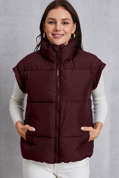 Zip Up Turtleneck Pocketed Vest Coat