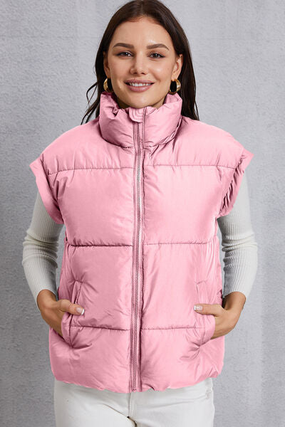 Zip Up Turtleneck Pocketed Vest Coat